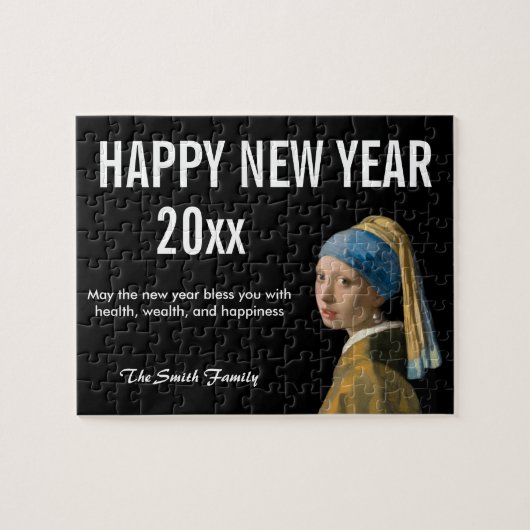 真珠のイヤリングを持つ女の子と新年おめでとう ジグソーパズル (横)