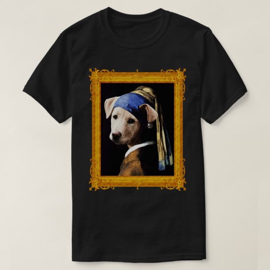 真珠のイヤリングを持つ子犬Vermeer Parody Fram Tシャツ (デザイン正面)