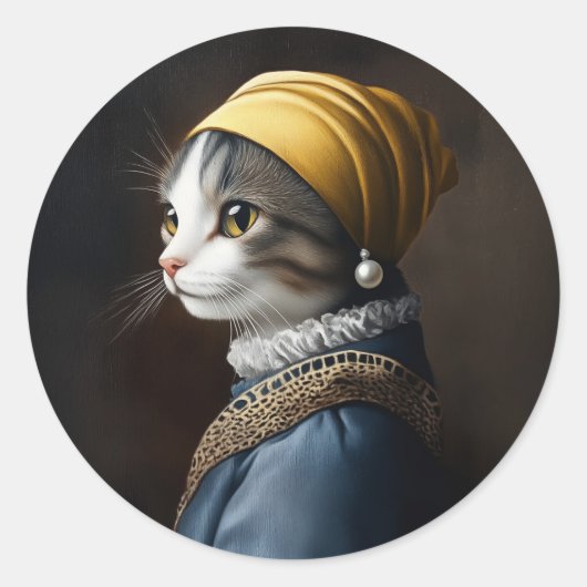 真珠のイヤリング付き猫 ラウンドシール (正面)