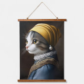 真珠のイヤリング付き猫 吊り下げ型タペストリー (正面)