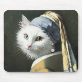 真珠のイヤリング付き白猫 マウスパッド (正面)