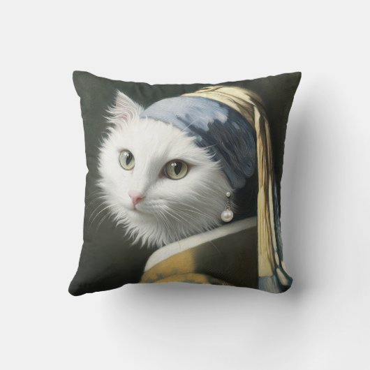 真珠のイヤリング付き白絵を描猫 クッション (裏面)