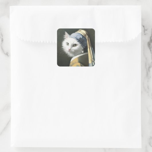 真珠のイヤリング付き白絵を描猫 スクエアシール (バッグ)