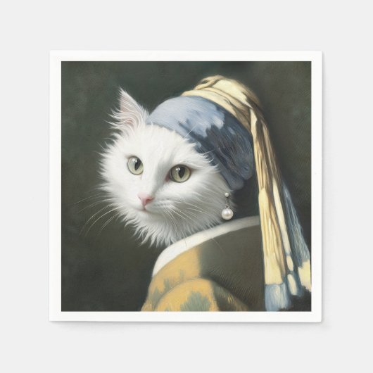 真珠のイヤリング付き白絵を描猫 スタンダードカクテルナプキン (正面)