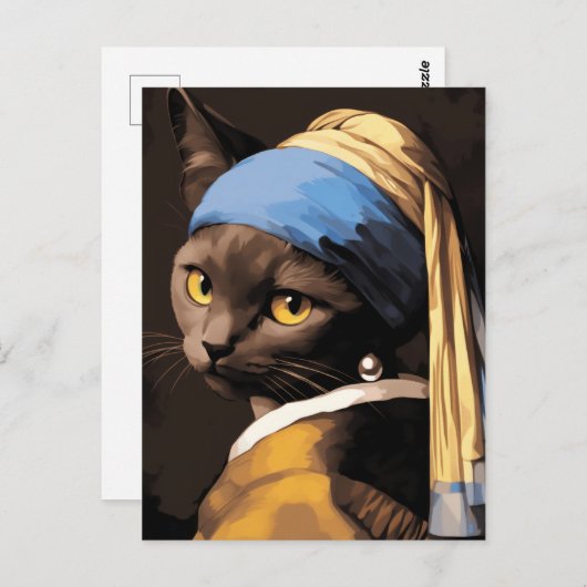 真珠のイヤリング付き黒猫 ポストカード (正面/裏面)