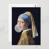 真珠のイヤリング吹を持つ女の子はバブルガム ポストカード (正面/裏面)