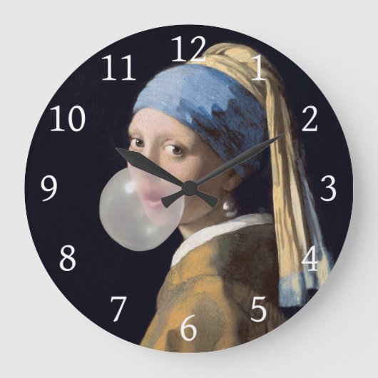 真珠のイヤリング吹を持つ女の子はバブルガム ラージ壁時計 (正面)