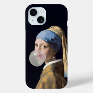 真珠のイヤリング吹を持つ女の子はバブルガム iPhone 15ケース