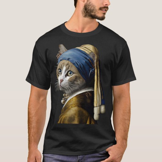 真珠のイヤリング猫の女の子2 Tシャツ (正面)
