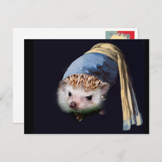 真珠のイヤリング葉書を持つハリネズミ ポストカード (正面/裏面)