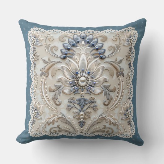 真珠のエレガンス:クリスタル刺繍パターンスロー クッション (正面)