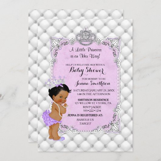 真珠のダイヤモンドの民族のプリンセスの女の赤ちゃんのラベンダー 招待状 (正面/裏面)