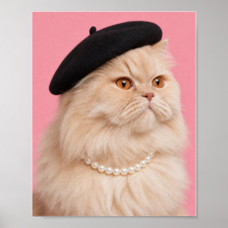真珠のネックレスとベレー帽を着けたペルシャ猫 ポスター