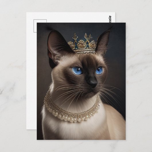 真珠のネックレスと王冠が付いた可愛いシャム猫 ポストカード (正面/裏面)