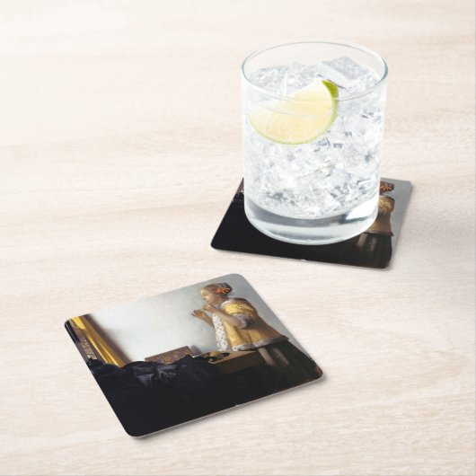 真珠のネックレスを持つ女性、ヨハネス・ヴェルメール スクエアペーパーコースター (インサイチュ)