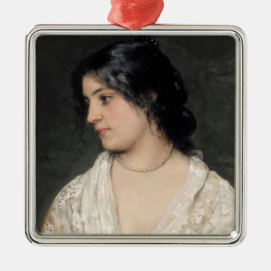 真珠のネックレスを持つ若い女性 メタルオーナメント (正面)