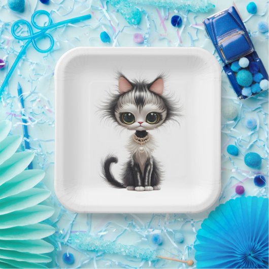 真珠のネックレス付き漫画の猫 ペーパープレート (パーティー)