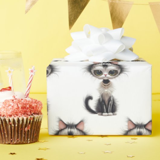 真珠のネックレス付き漫画の猫 ラッピングペーパー (誕生日パーティー)
