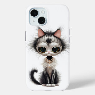 真珠のネックレス付き漫画の猫 iPhone 15ケース