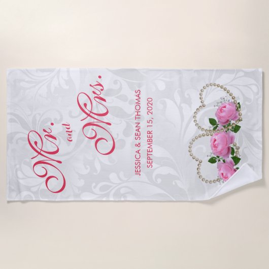真珠のハート及びバラのダマスク織の結婚式 ビーチタオル (正面)