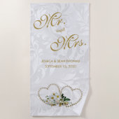 真珠のハート及び花のダマスク織の結婚式 ビーチタオル (正面)