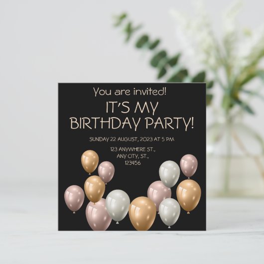真珠のバルーン。エレガント誕生日 招待状 (スタンド正面)