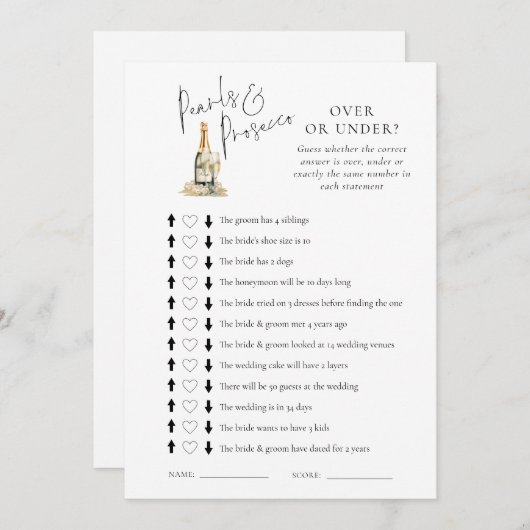 真珠の上または下のブライダルシャワーゲームカード 招待状 (正面/裏面)