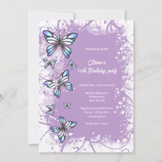 真珠の冬の蝶の紫のエレガント母 招待状 (裏面)