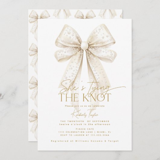 真珠の弓彼女は結び目のブライダルシャワー 招待状 (正面/裏面)