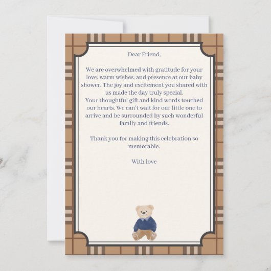 真珠の待ちクラシック格子柄テディベア赤ちゃんシャワー サンキューカード (裏面)