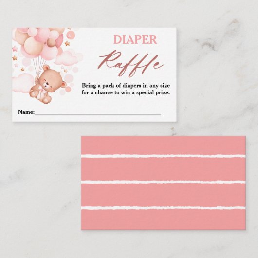 真珠の待ちテディベアピンクおむつラッフル エンクロージャーカード (正面/裏面)