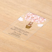 真珠の待ちテディベアピンクの女の子ベビーシャワー アクリル招待状 (レイダウン)