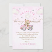 真珠の待ちテディベアピンクの女の子ベビーシャワー サンキューカード (正面)