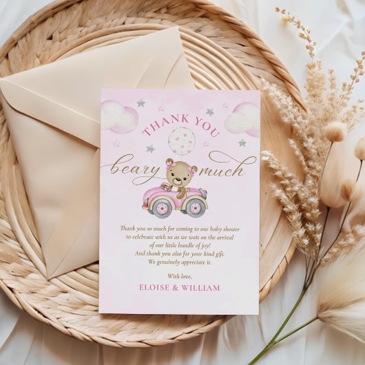 真珠の待ちテディベアピンクの女の子ベビーシャワー サンキューカード