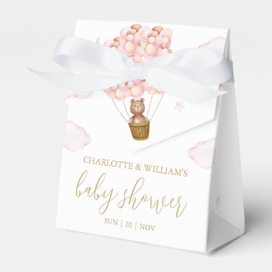 真珠の待ちテディベアピンクの女の子ベビーシャワー フェイバーボックス (正面サイド)
