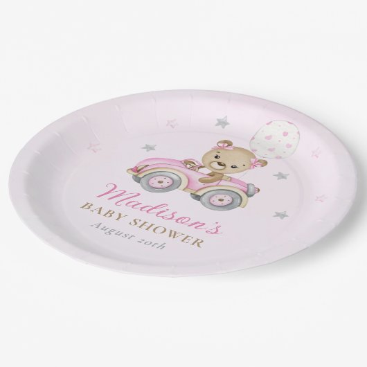真珠の待ちテディベアピンクの女の子ベビーシャワー ペーパープレート (アングル)