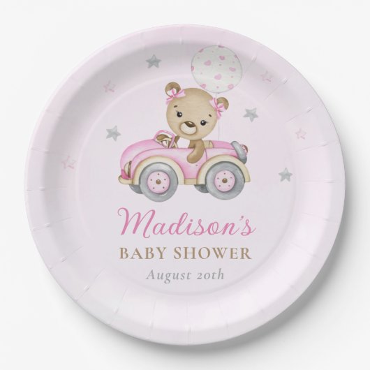 真珠の待ちテディベアピンクの女の子ベビーシャワー ペーパープレート (正面)