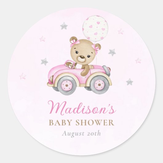 真珠の待ちテディベアピンクの女の子ベビーシャワー ラウンドシール (正面)