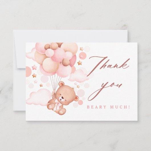 真珠の待ちテディベアピンクの赤ちゃんシャワー サンキューカード (正面)