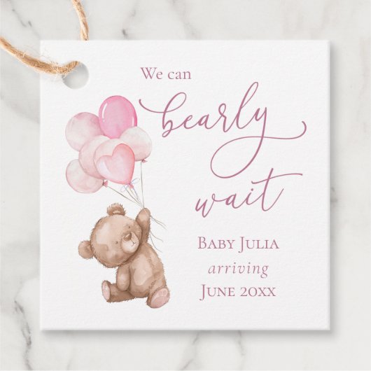 真珠の待ちピンクのテディベア赤ちゃんシャワー フェイバータグ (正面)