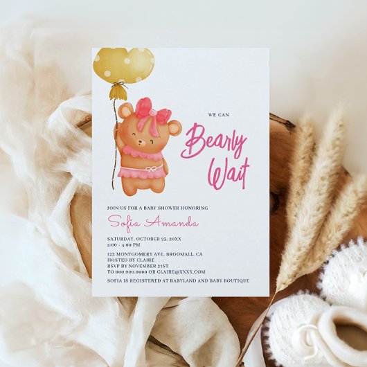 真珠の待ちピンクのテディベア赤ちゃんシャワー 招待状