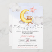 真珠の待つムーンスターテディベア女の子ベビーシャワー 招待状 (正面/裏面)