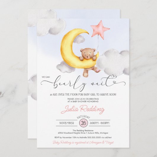 真珠の待つムーンスターテディベア女の子ベビーシャワー 招待状 (正面/裏面)