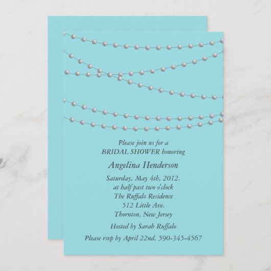 真珠の束のターコイズブライダルシャワー 招待状 (正面/裏面)
