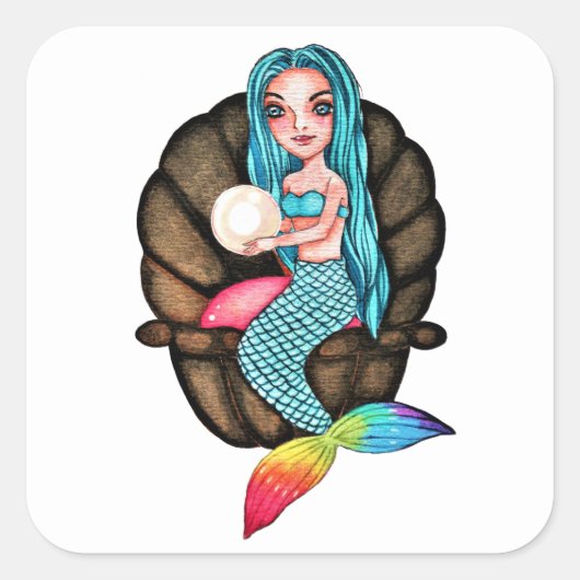 真珠の水彩入りレインボーマーメイド スクエアシール (正面)