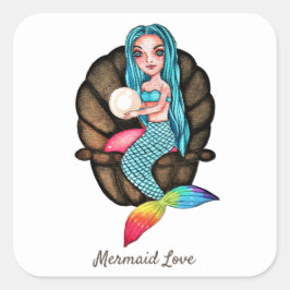 真珠の水彩入りレインボーマーメイド スクエアシール