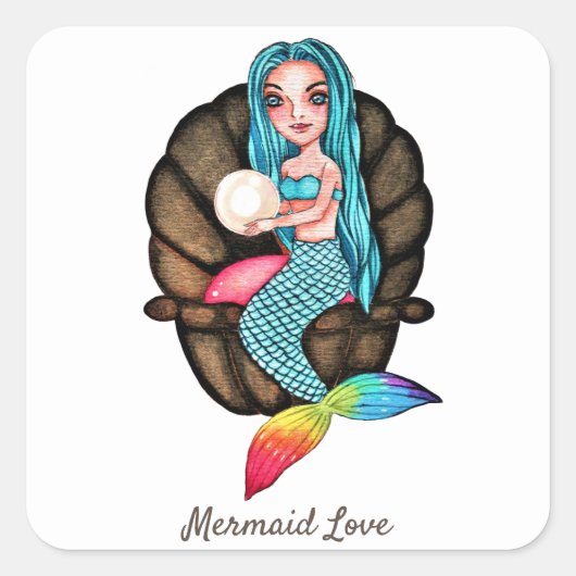 真珠の水彩入りレインボーマーメイド スクエアシール (正面)