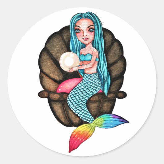 真珠の水彩入りレインボーマーメイド ラウンドシール (正面)