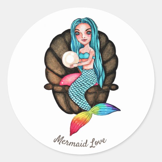 真珠の水彩入りレインボーマーメイド ラウンドシール (正面)