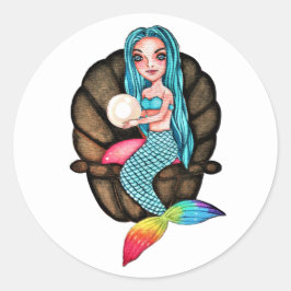 真珠の水彩入りレインボーマーメイド ラウンドシール